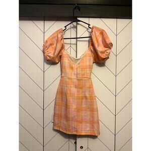 ASOS Design Women’s 6 Pink Orange Plaid Cut Out Puff Sleeve Zipper Mini Dress